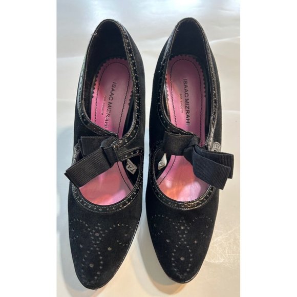 Women's Isaac Mizrahi Heels Size 5.5 Leather Suede Black 4 Inch Heel Satin Bow - Picture 1 of 9